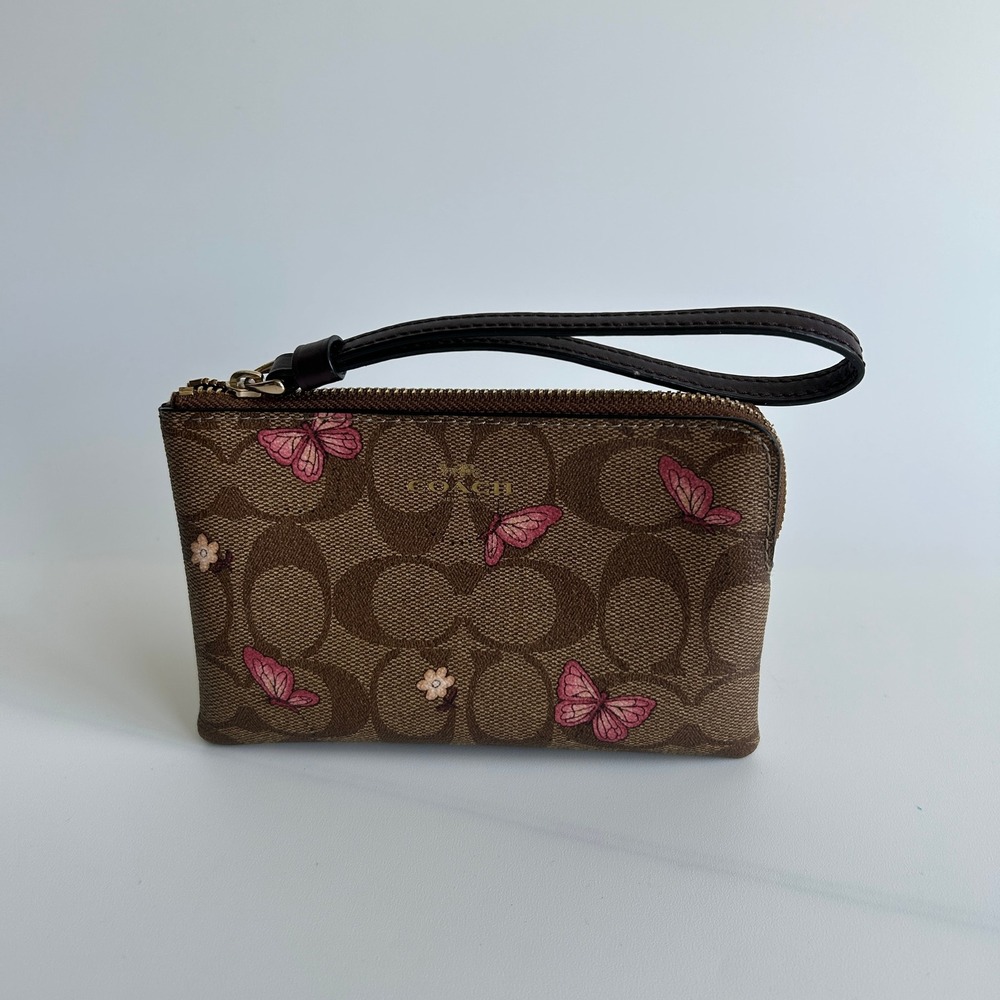 Coach Corner Zip Butterfly Khaki Canvas Wristlet 82078